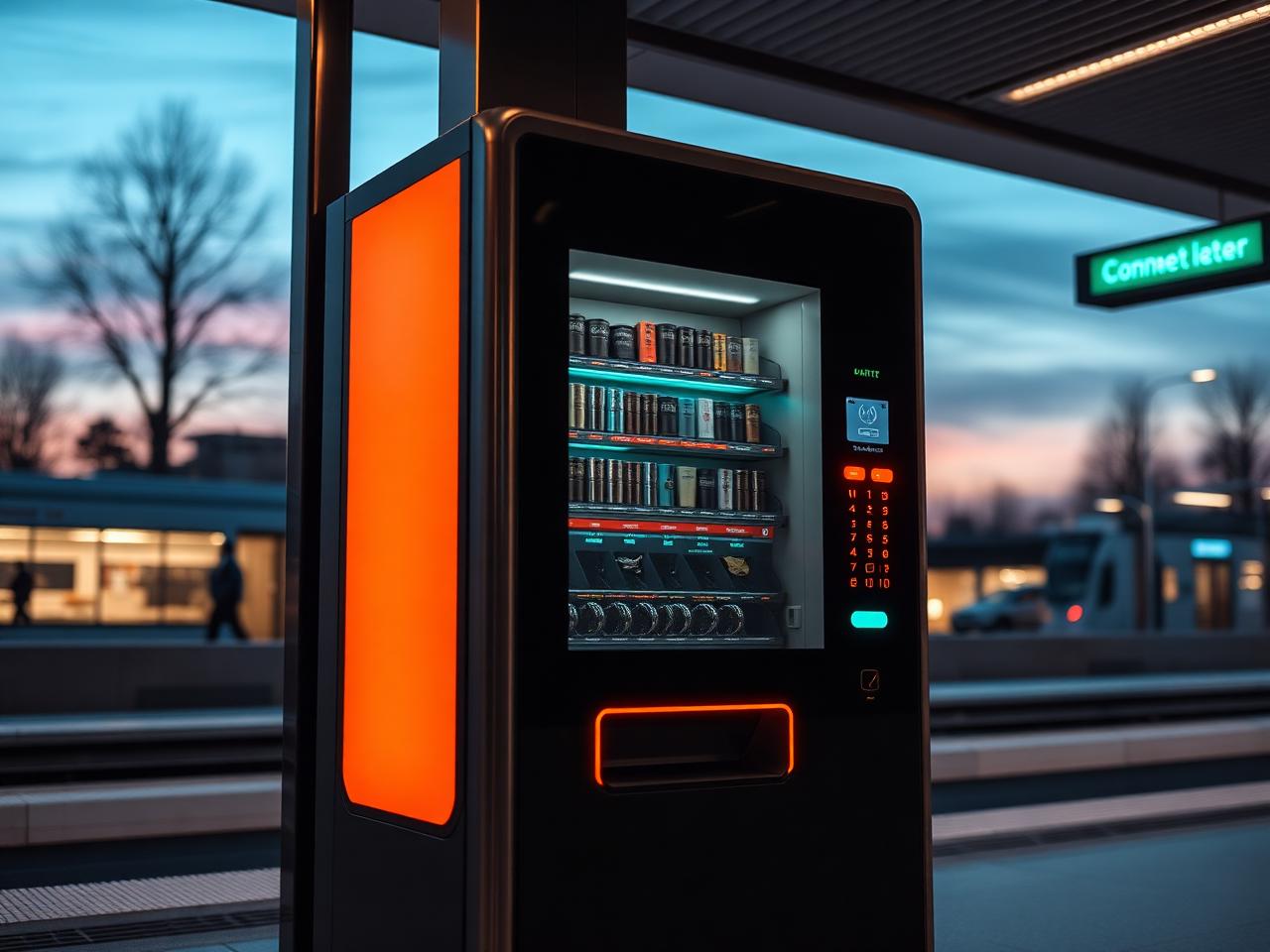 Connected coffee vending machine glowing orange at a transit station at dusk
