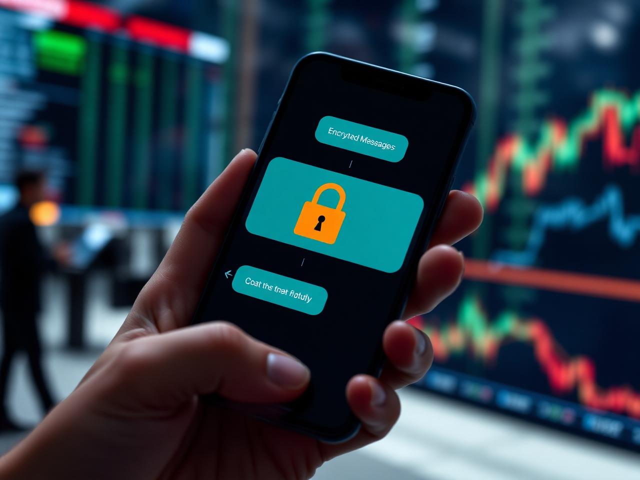 Smartphone showing encrypted messaging with orange lock icon over a trading floor