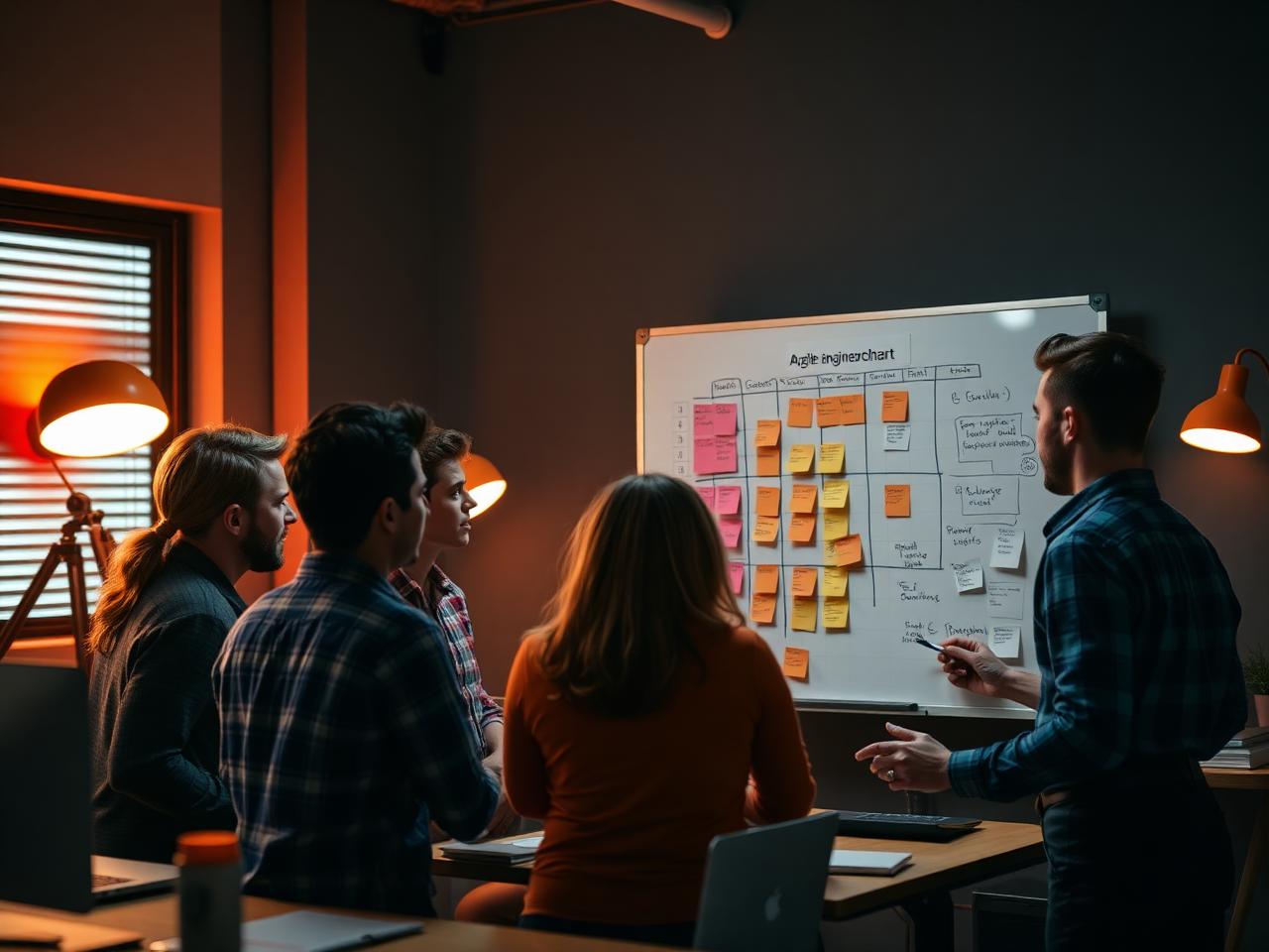 Agile engineering squad reviewing a sticky-note burndown board under warm lamps