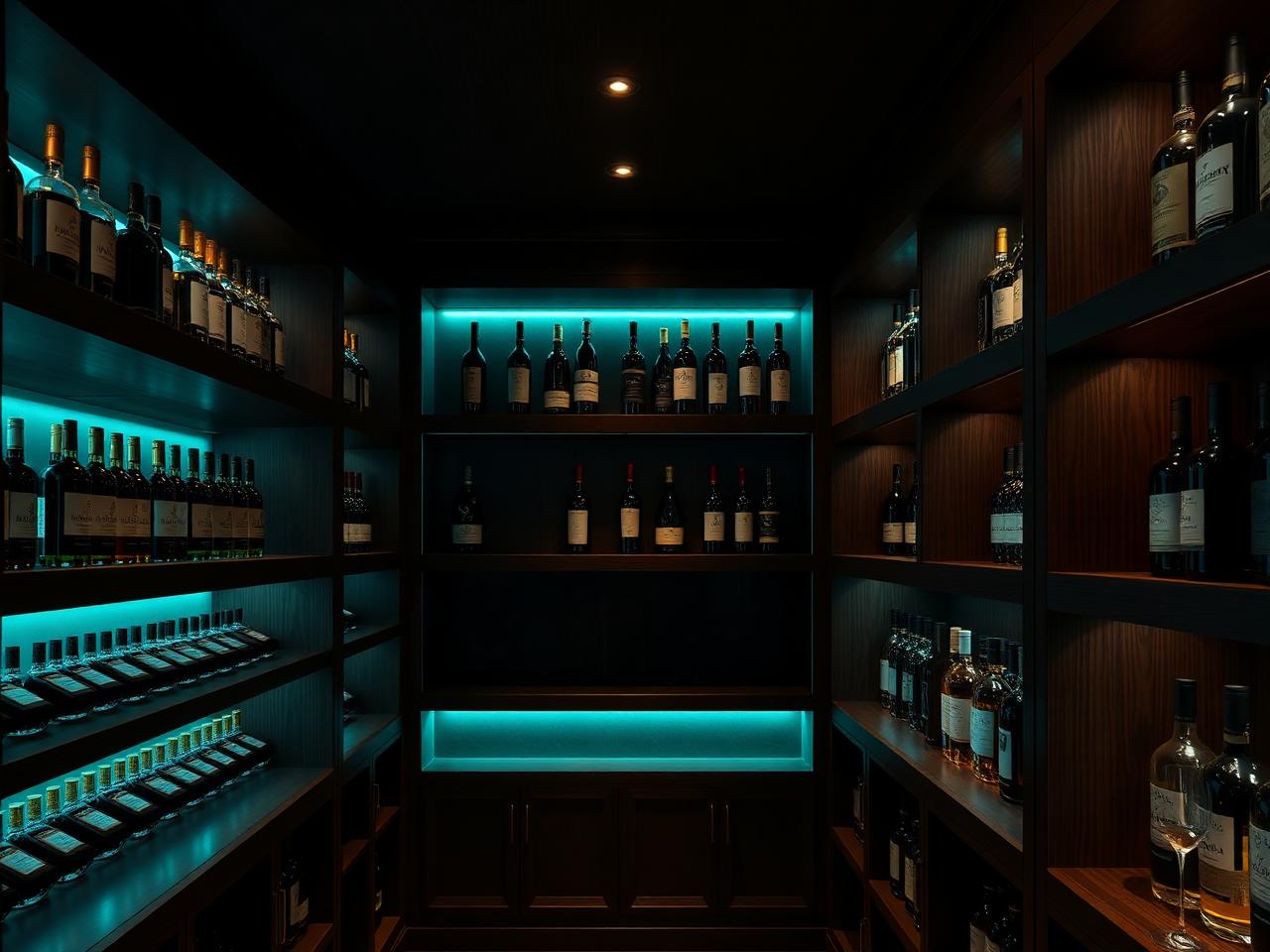 Backlit rare wine bottles on dark oak cellar shelves with teal ambient light