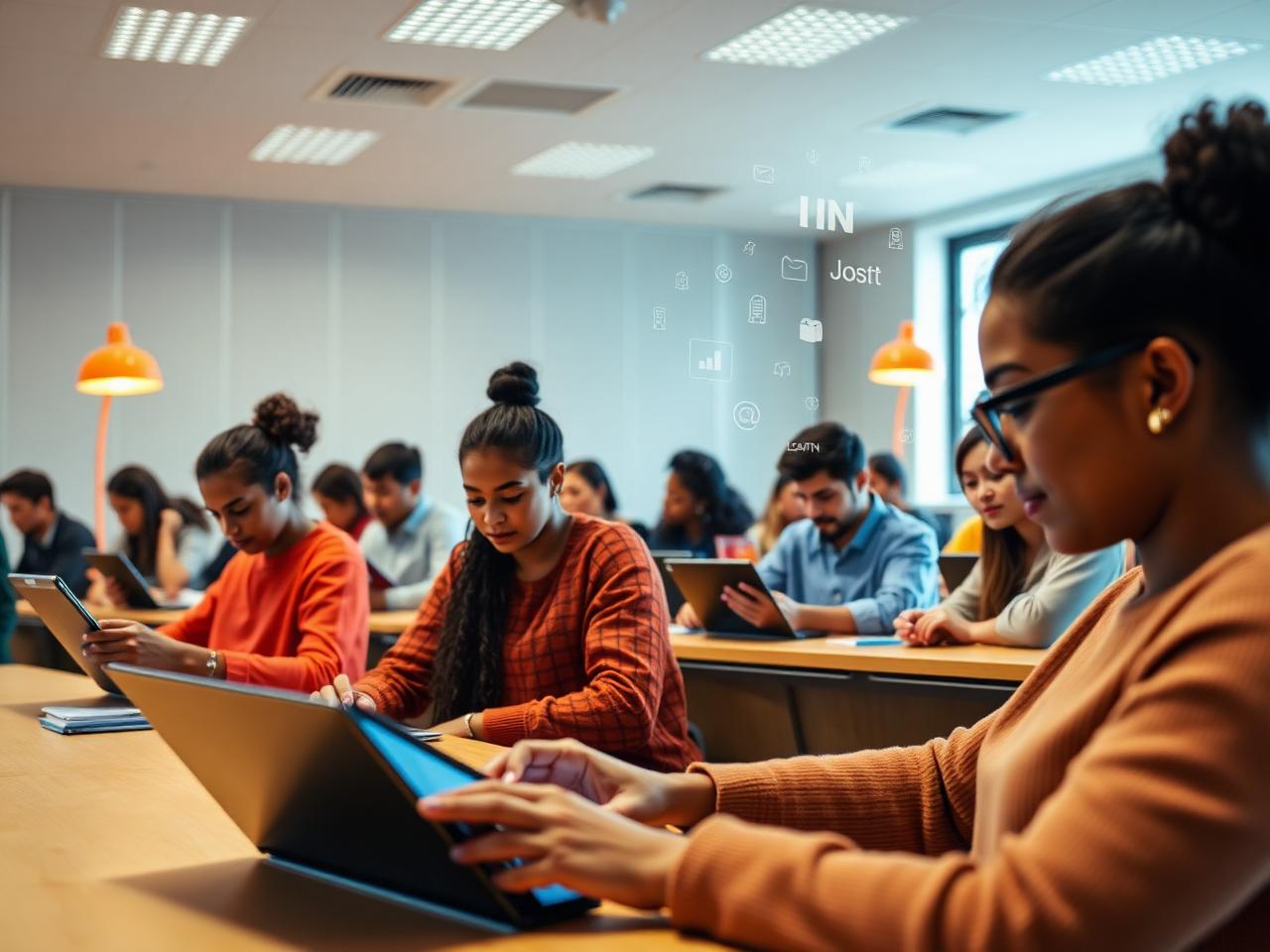 Diverse students working on tablets in a bright modern classroom