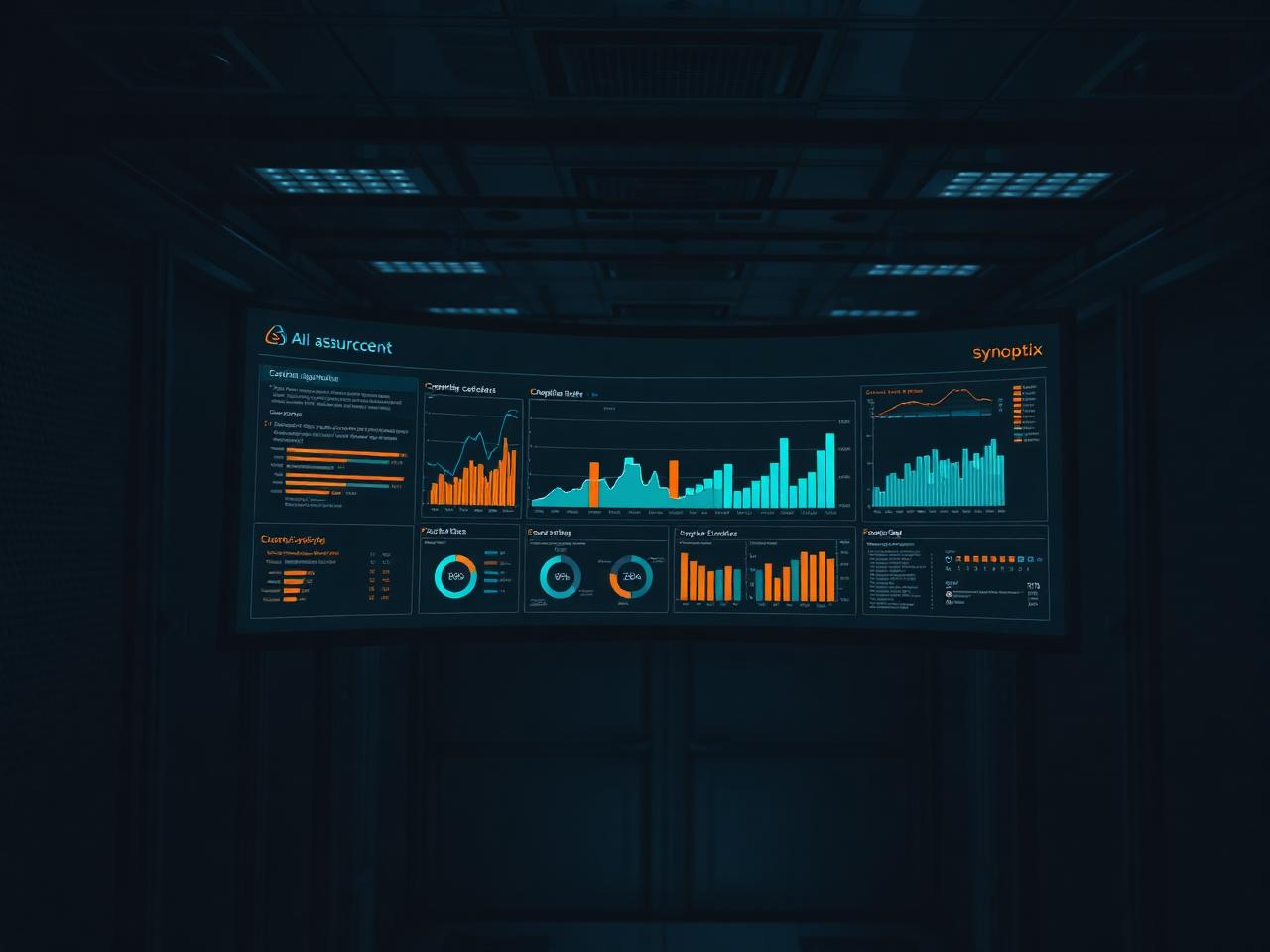 Wide AI assurance dashboard glowing teal and orange in a dim server room