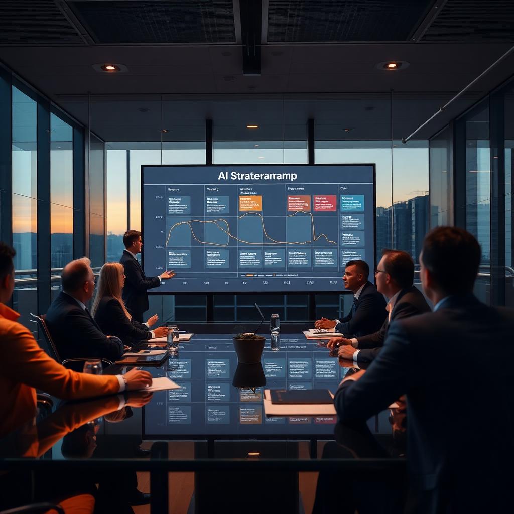 Consultant presenting an AI strategy roadmap on a large boardroom screen to executives at dusk