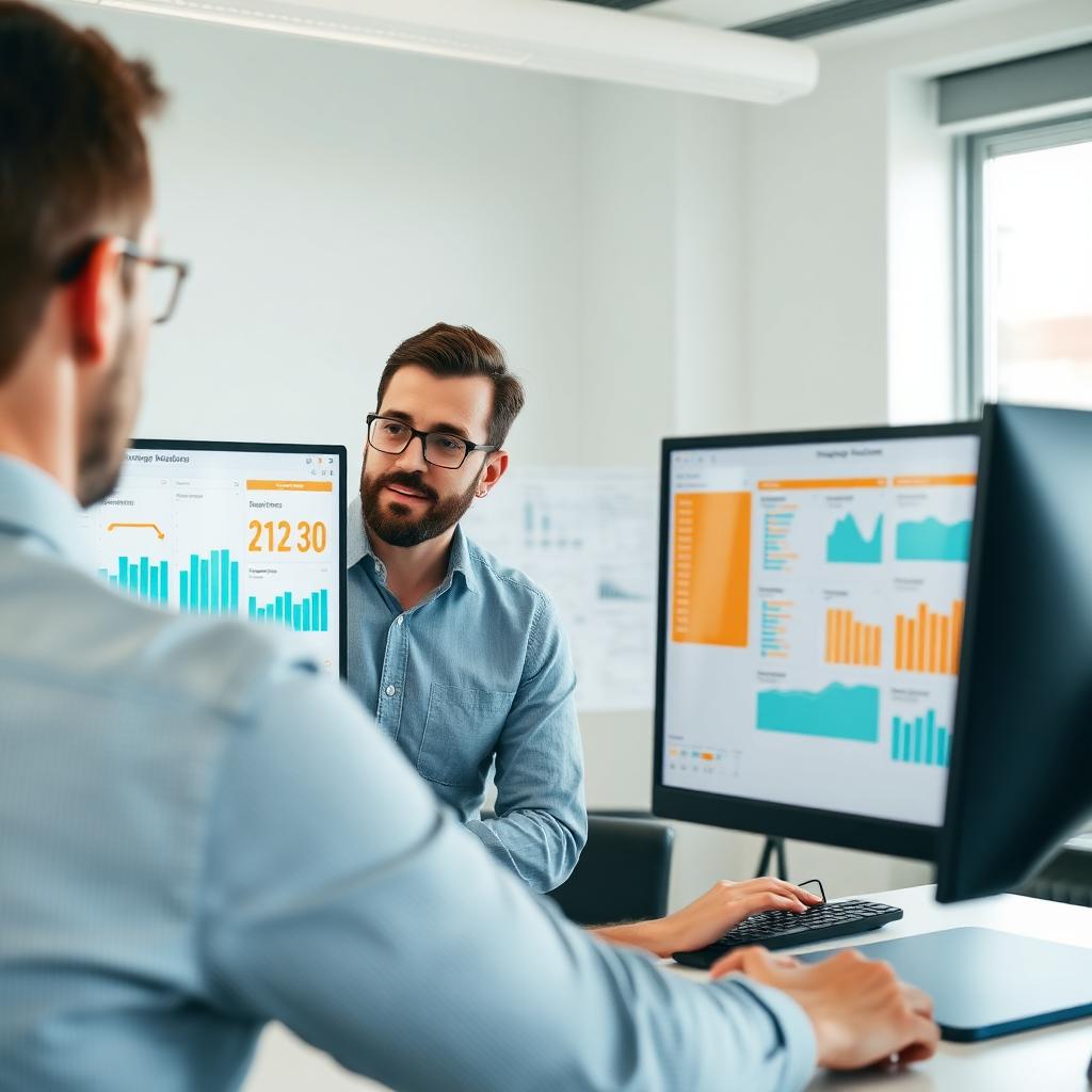 Two senior consultants reviewing a Kanban board with delivery metrics on twin monitors in a bright office