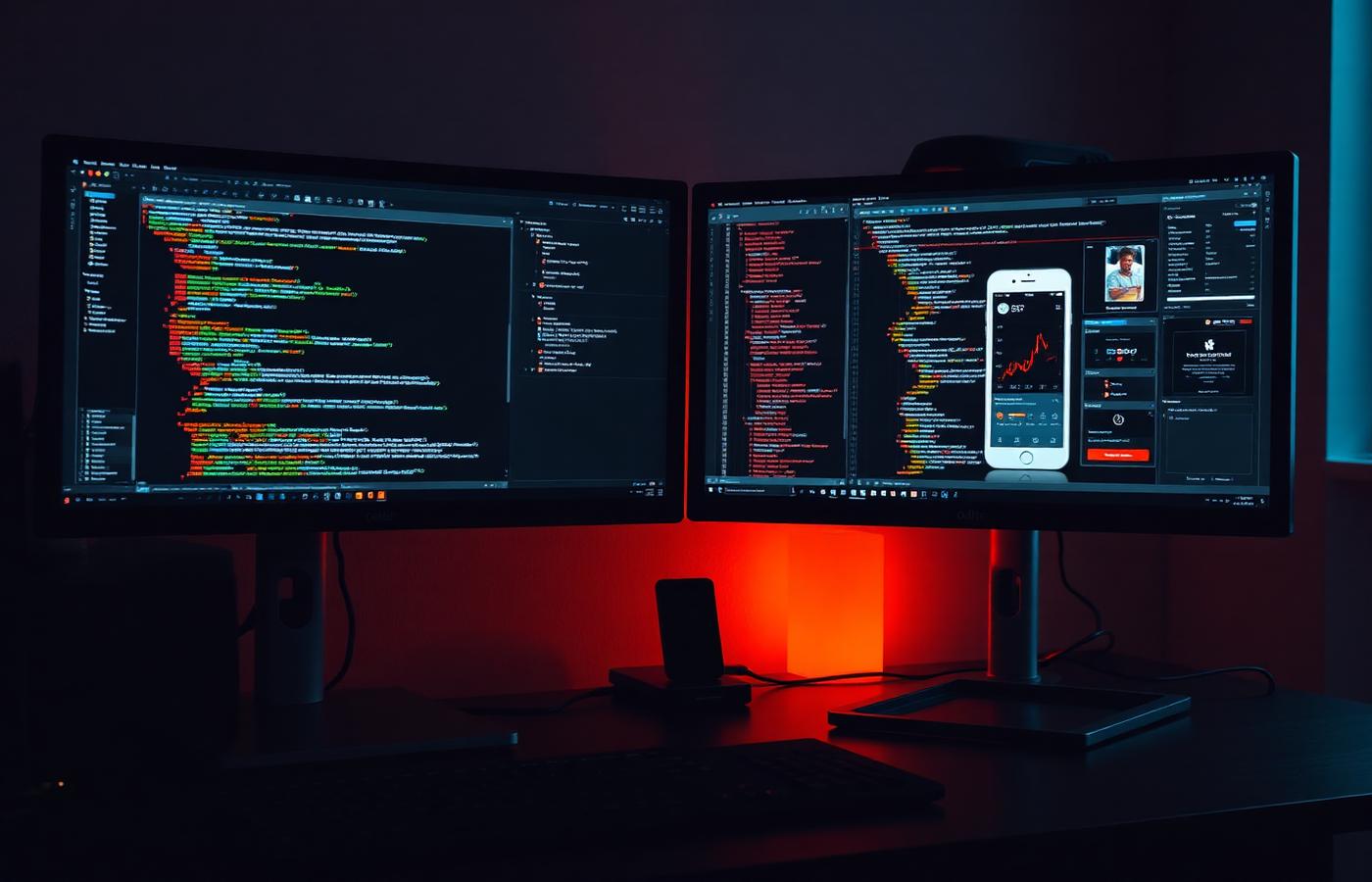 Developer dual-monitor workstation showing application source code alongside a mobile app dashboard
