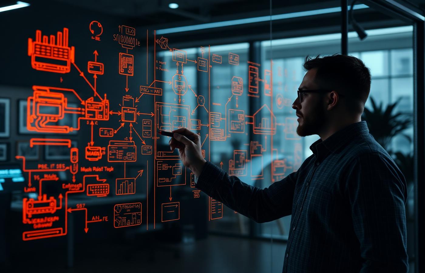 Principal engineer sketching a distributed-systems diagram on a glass whiteboard, with service boundaries and queues labelled
