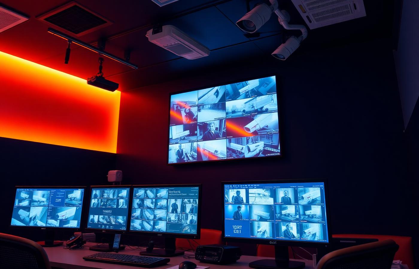 Security operations room with a wall of CCTV monitors showing camera feeds under warm accent lighting