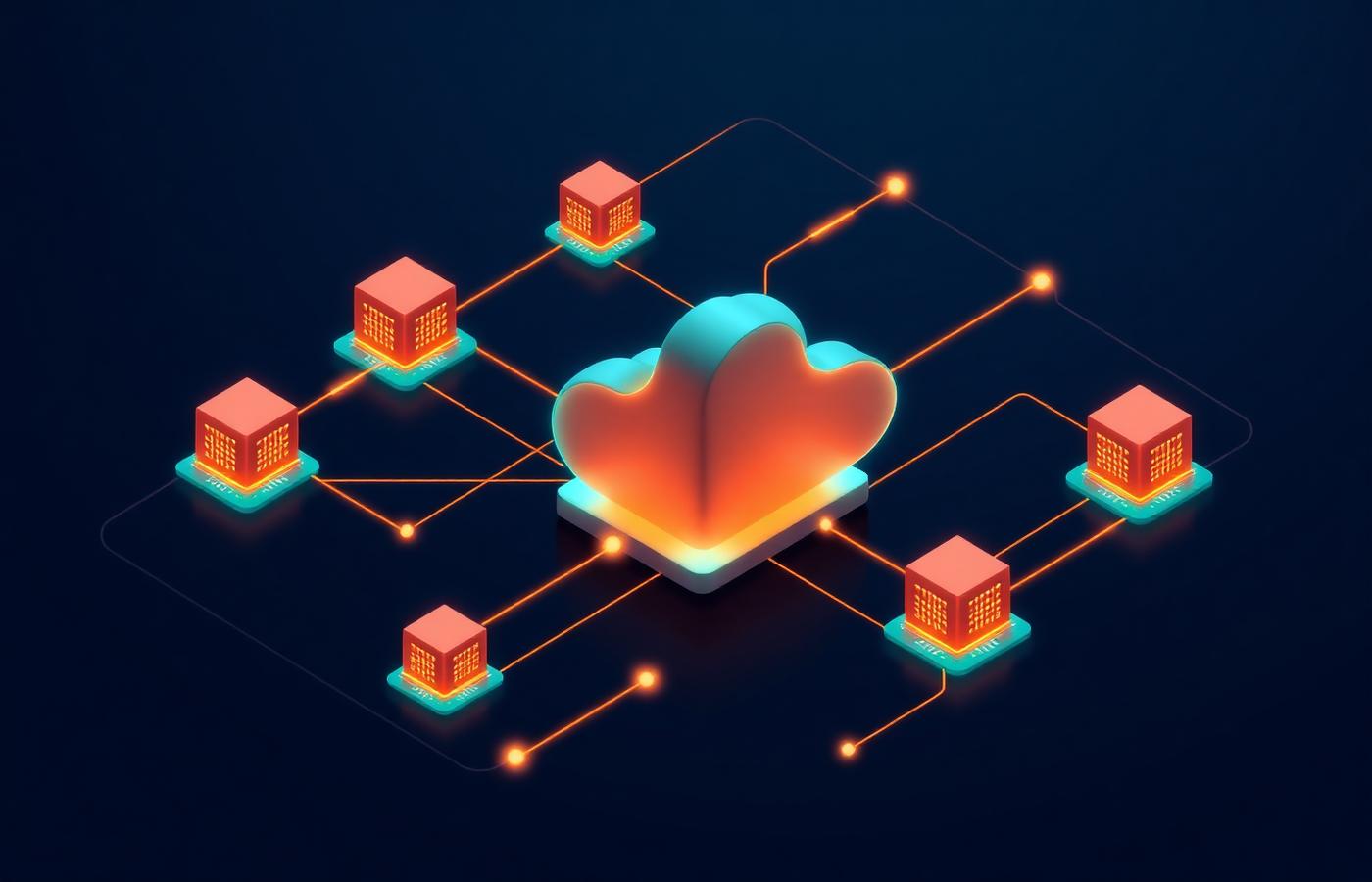Isometric cloud infrastructure with glowing pathways connecting servers across regions