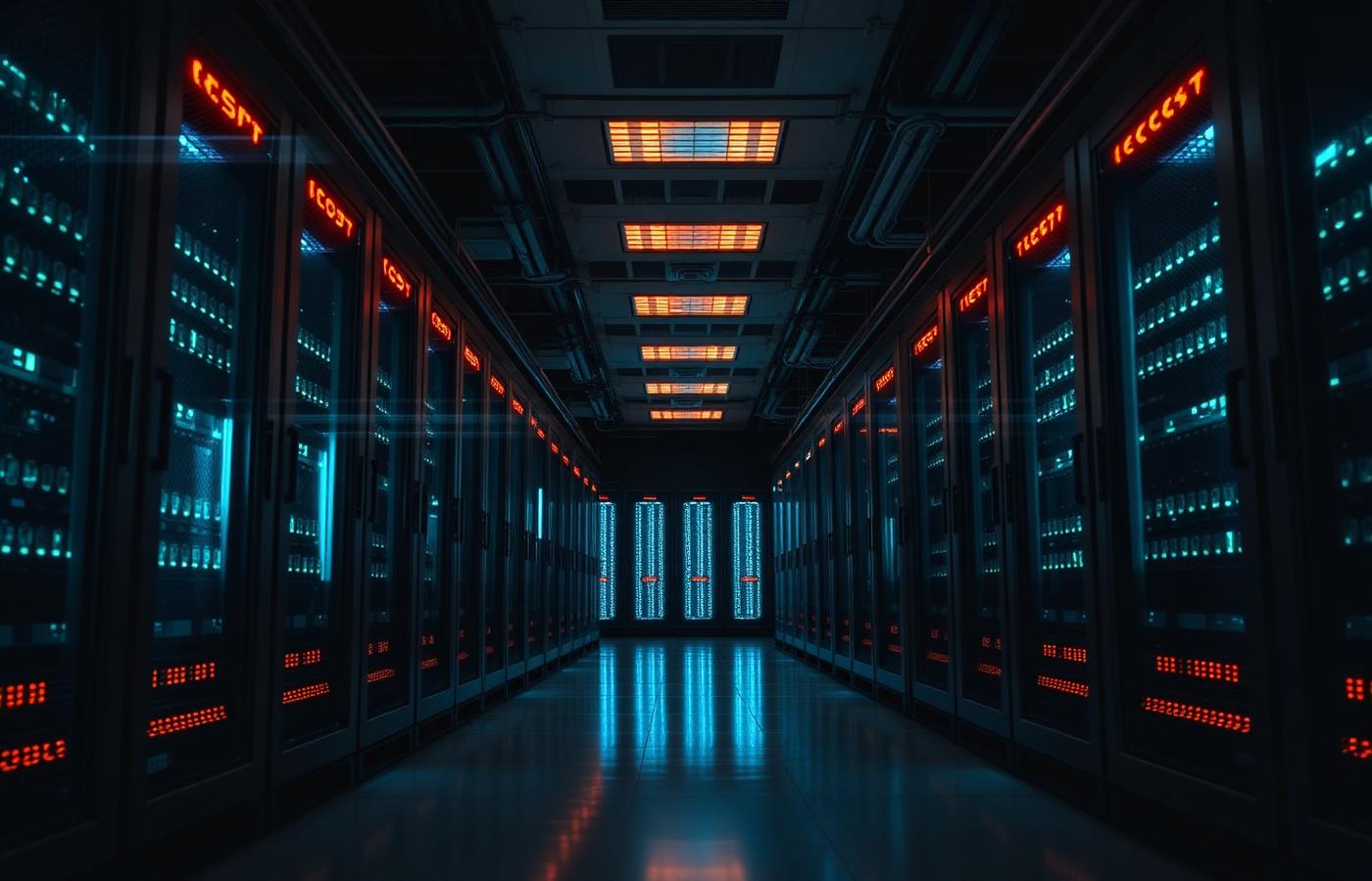 Modern data centre aisle lined with illuminated server racks under teal and orange accent lighting