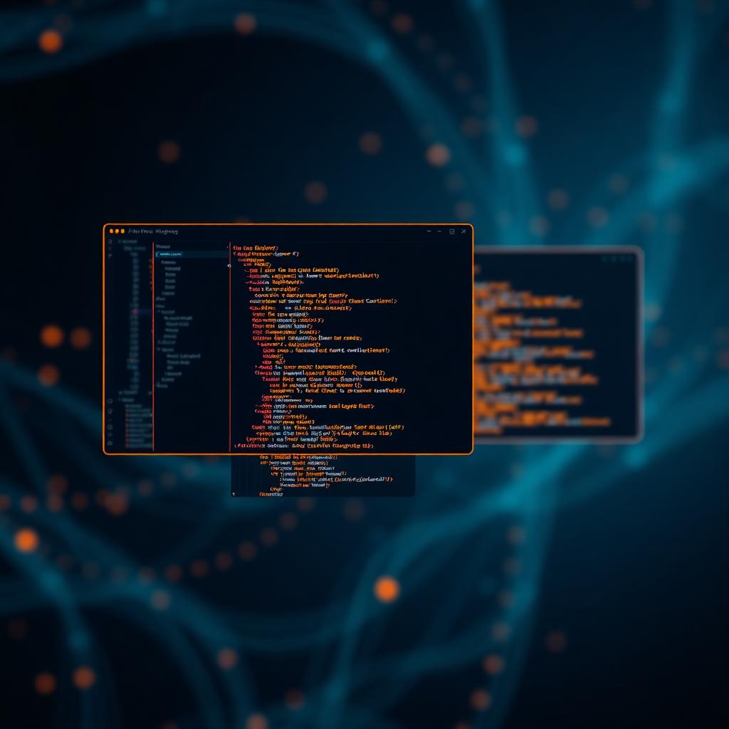 Floating code editor windows wired into a neural-network mesh, illustrating an AI integration pipeline