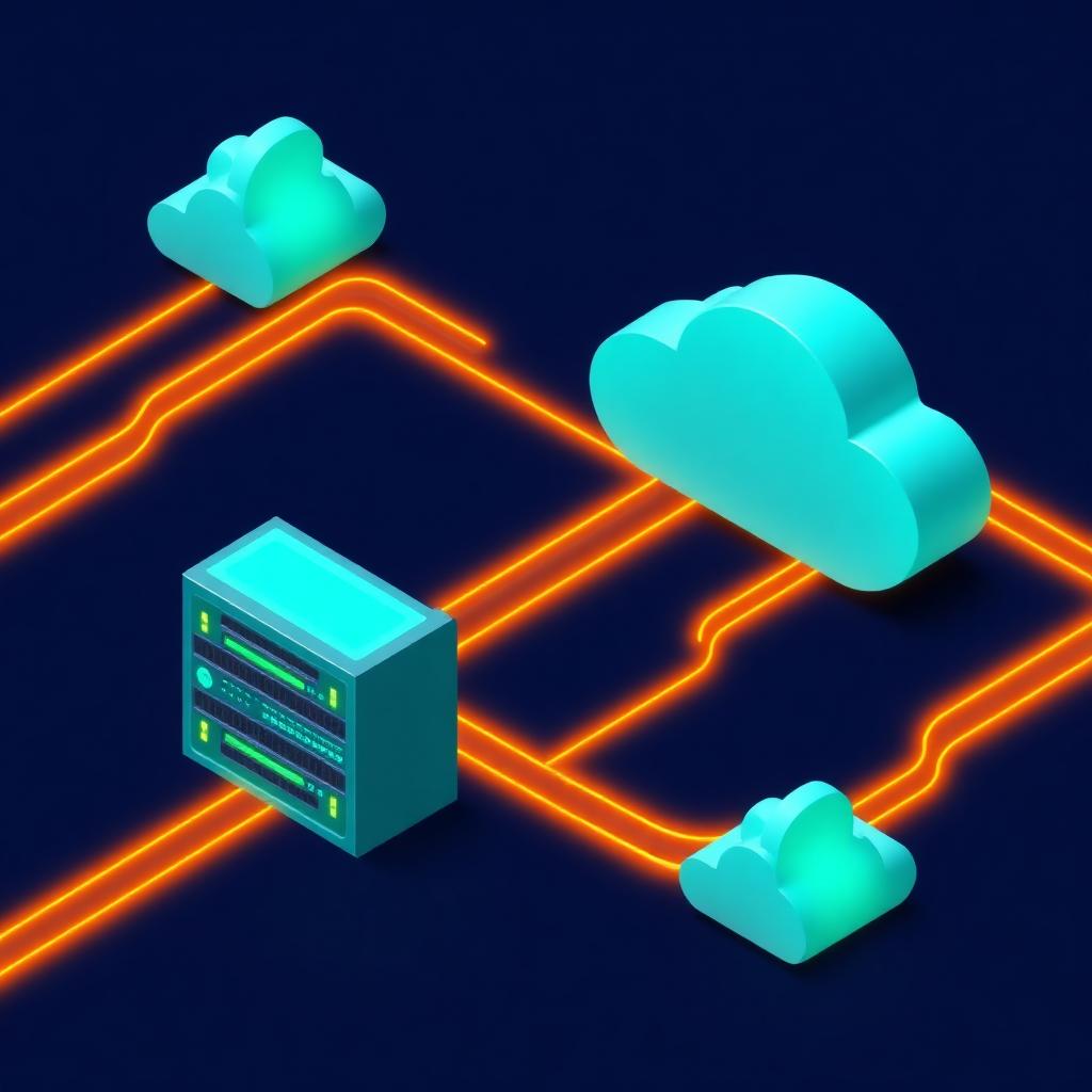 Isometric cloud infrastructure with orange data pathways connecting server racks and cloud icons