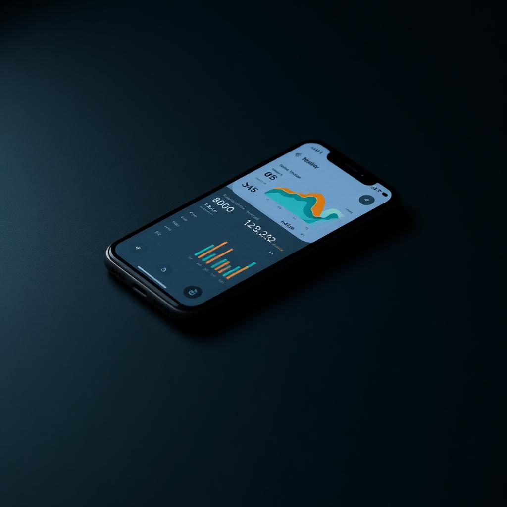 Smartphone on a dark desk showing a native app dashboard with teal and orange analytics charts