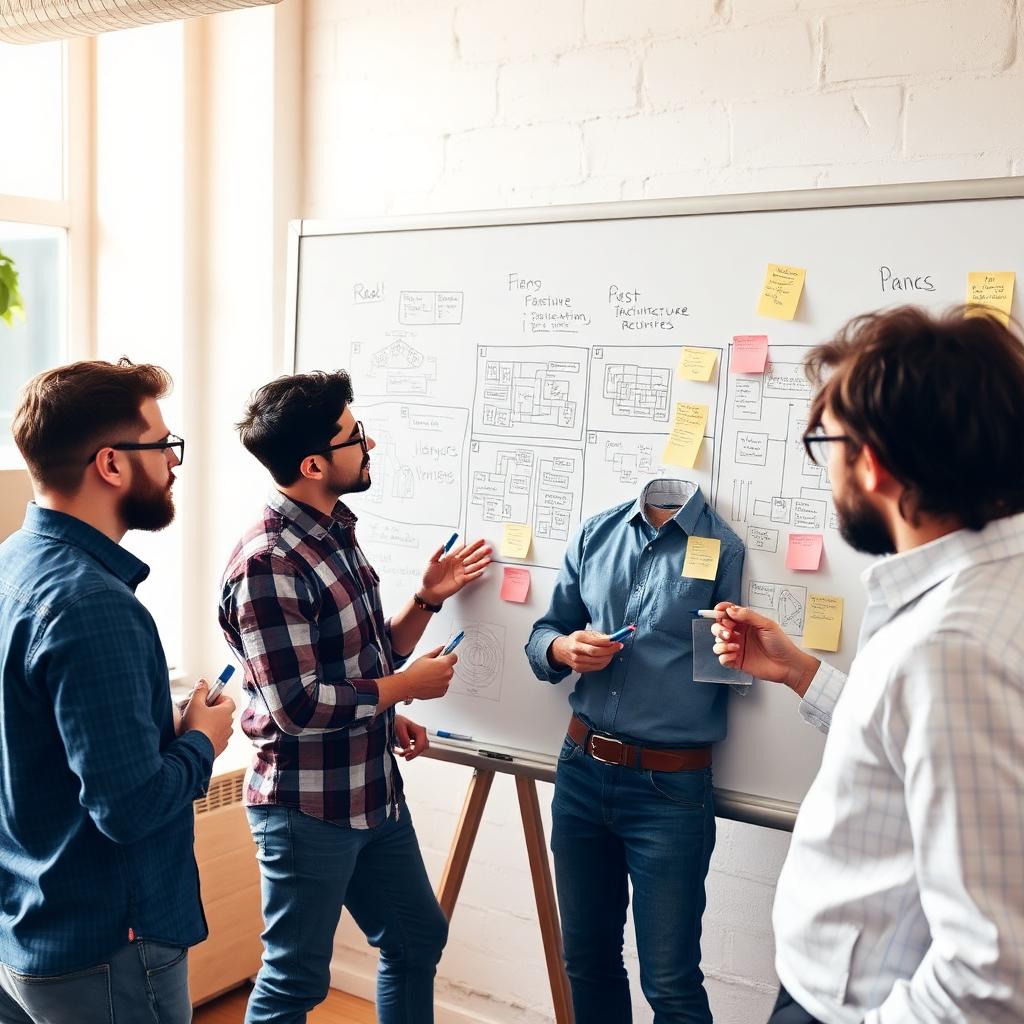 Four AskOnTech engineers at a whiteboard covered in sticky notes, scoping a new engagement